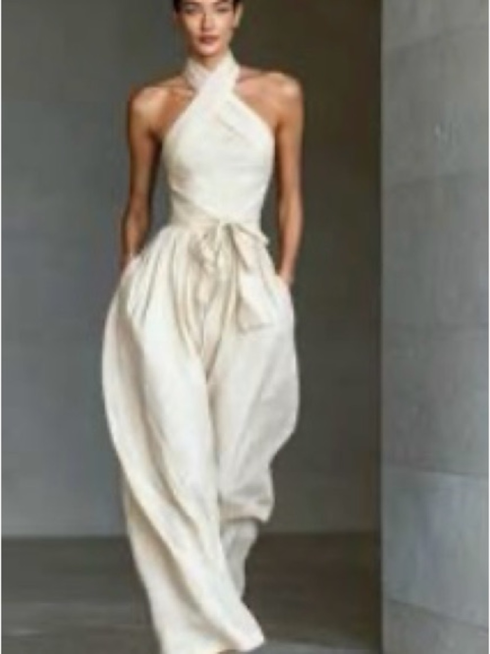 Women's Cream Halter Jumpsuit with Tie Waist - Picture 1 of 1